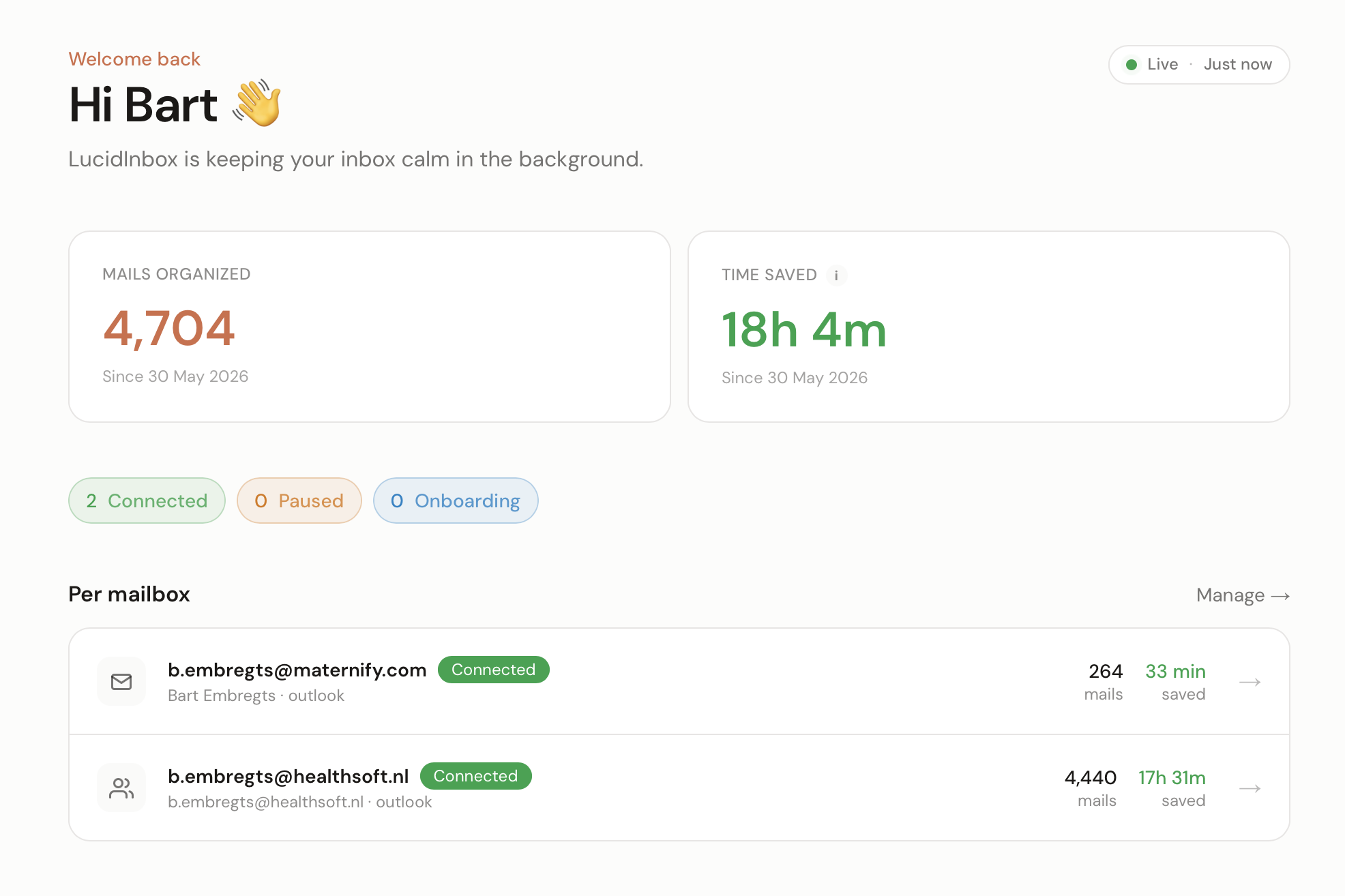 LucidInbox sorting an inbox into calm, labelled folders