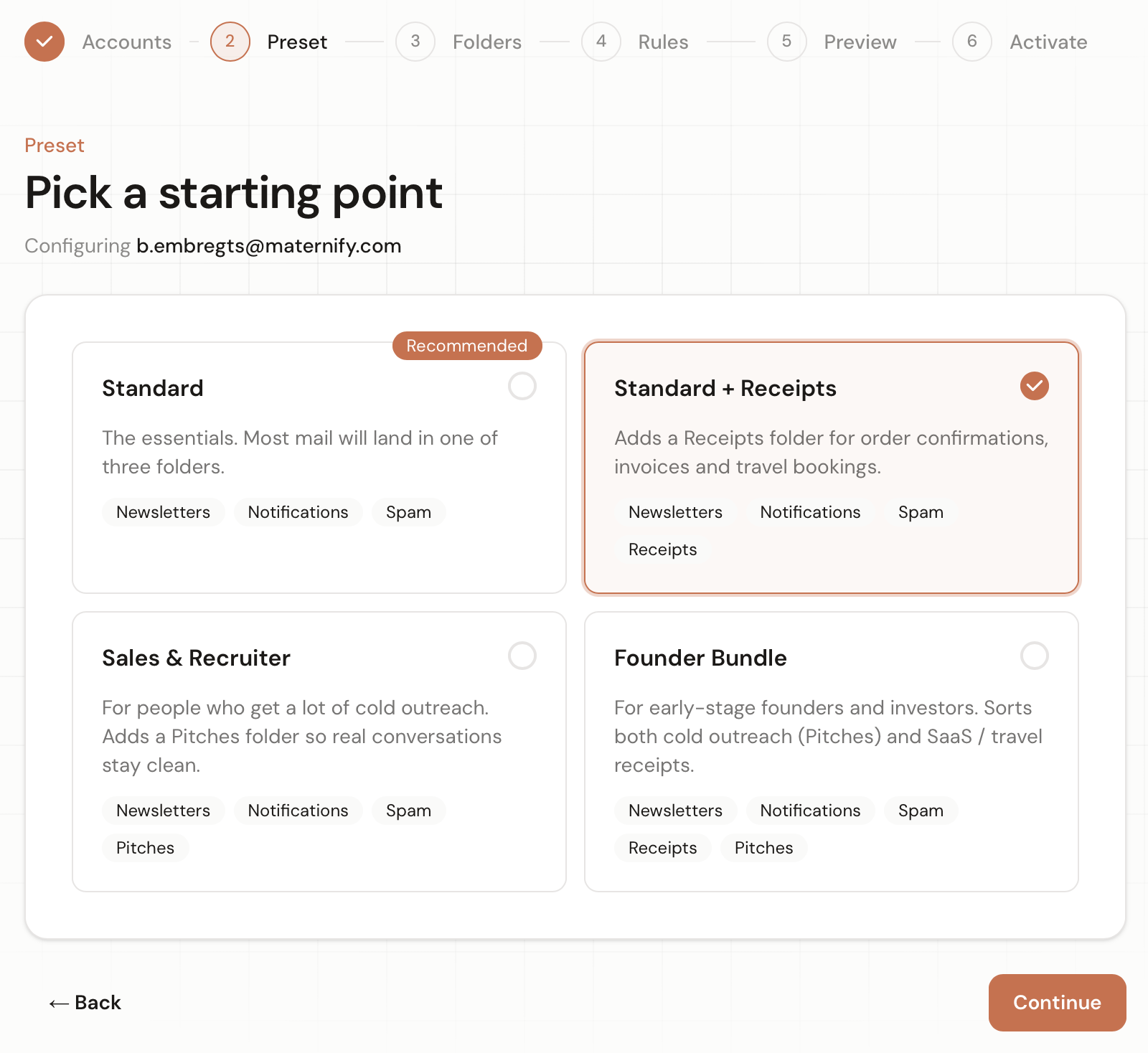Choosing a preset and adding plain-English rules in LucidInbox